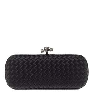 Pre Owned Bottega Veneta Black Intrecciato Satin and Python Stretch Knot Clutch
