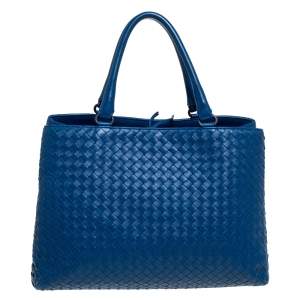 Pre Owned Bottega Veneta Blue Intrecciato Nappa Leather Tote