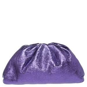 Pre Owned Bottega Veneta Metallic Purple Crinkled Leather The Pouch Clutch