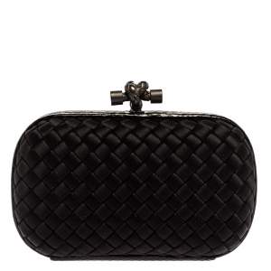Pre Owned Bottega Veneta Black Satin and Snakeskin Trim Knot Clutch