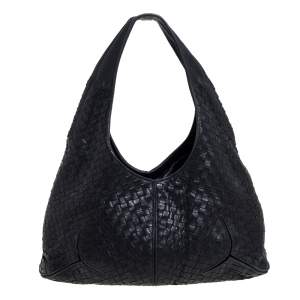 Pre Owned Bottega Veneta Black Intrecciato Leather Ball Hobo 