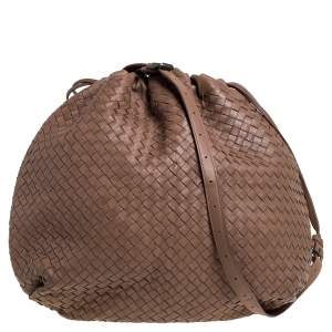 Pre Owned Bottega Veneta Brown Intrecciato Leather Drawstring Hobo