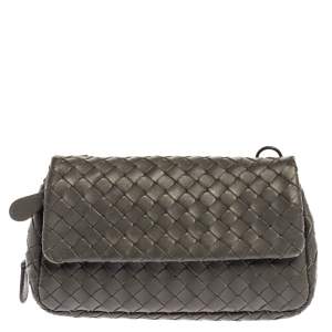 Pre Owned Bottega Veneta Grey Intrecciato Leather Flap Chain Crossbody Bag
