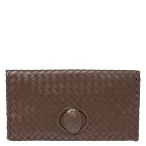 Pre Owned Bottega Veneta Brown Intrecciato Leather Twist Lock Clutch
