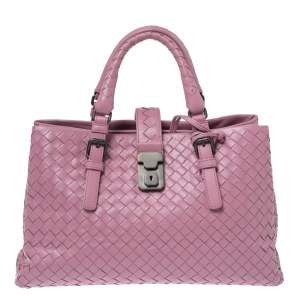 Pre Owned Bottega Veneta Pink Intrecciato Leather Small Roma Tote