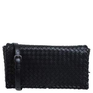 Pre Owned Bottega Veneta Black Intrecciato Leather Flap Shoulder Bag