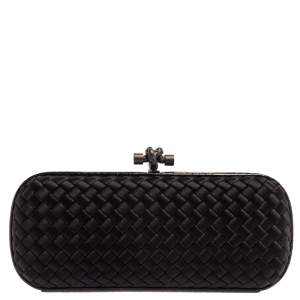 Pre Owned Bottega Veneta Black Intrecciato Satin and Python Trim Knot Clutch