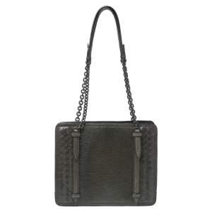 Pre Owned Bottega Veneta Olive Green Lizard and Intrecciato Snakeskin Shoulder Bag