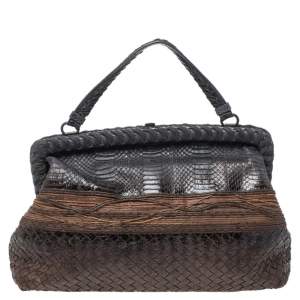 Pre Owned Bottega Veneta Black/Brown Python Frame Top Handle Bag