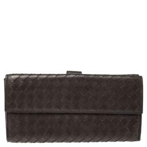 Pre Owned Bottega Veneta Dark Brown Intrecciato Leather Flap Continental Wallet