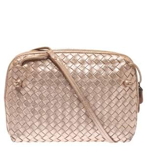 Pre Owned Bottega Veneta Metallic Rose Gold Intrecciato Leather Nodini Shoulder Bag