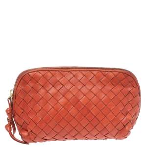 Pre Owned Bottega Veneta Orange Intrecciato Leather Pouch 