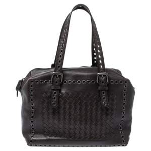 Pre Owned Bottega Veneta Dark Grey Intrecciato Leather Grommet Satchel 