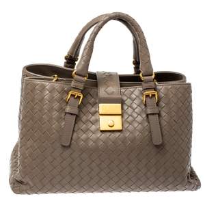 Pre Owned Bottega Veneta Dark Beige Intrecciato Leather Small Roma Tote