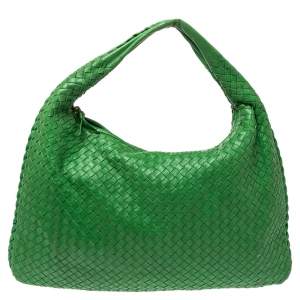 Pre Owned Bottega Veneta Green Intrecciato Leather Large Veneta Hobo