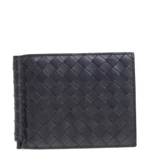 Pre Owned Bottega Veneta Dark Grey Intrecciato Leather Money Clip Bifold Wallet
