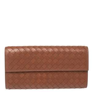 Pre Owned Bottega Veneta Brown Intrecciato Leather Continental Flap Wallet