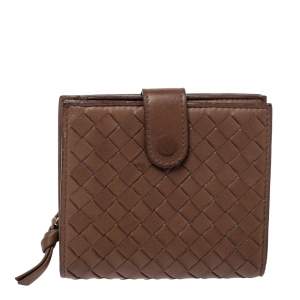 Pre Owned Bottega Veneta Brown Intrecciato Leather French Wallet 