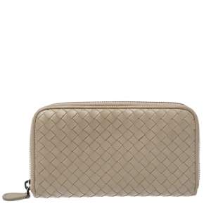Pre Owned Bottega Veneta Beige Intrecciato Leather Zip Around Wallet