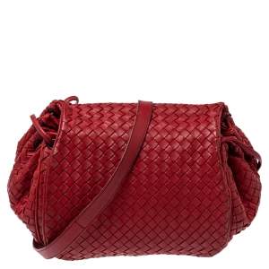 Pre Owned Bottega Veneta Red Intrecciato Leather Drawstring Flap Crossbody Bag