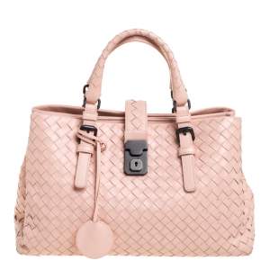 Pre Owned Bottega Veneta Peach Intrecciato Leather Small Roma Tote