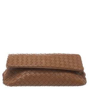 Pre Owned Bottega Veneta Brown Intrecciato Woven Leather Flap Clutch