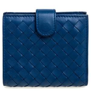 Pre Owned Bottega Veneta Blue Intrecciato Leather French Wallet 