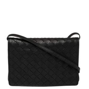 Pre Owned Bottega Veneta Black Intrecciato Leather Small Flap Crossbody Bag