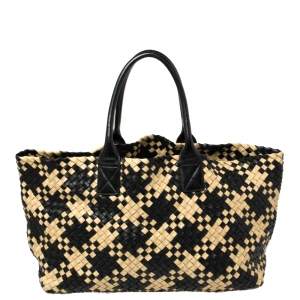 Pre Owned Bottega Veneta Black/Beige Intrecciato Leather Medium Cabat Tote