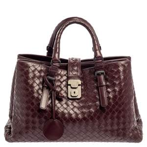 Pre Owned Bottega Veneta Burgundy Intrecciato Leather Small Roma Tote