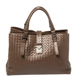 Pre Owned Bottega Veneta Dark Brown Intrecciato Leather Large Roma Tote
