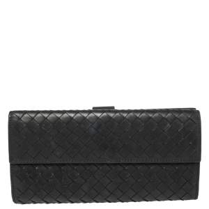 Pre Owned Bottega Veneta Black Intrecciato Leather Flap Continental Wallet