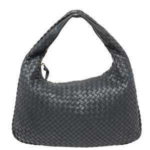 Pre Owned Bottega Veneta Dark Blue Intrecciato Leather Small Veneta Hobo
