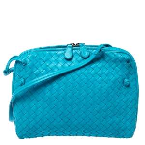 Pre Owned Bottega Veneta Blue Intrecciato Leather Nodini Crossbody Bag