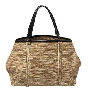 Bottega Veneta Black/Beige Printed Canvas and Leather Side Snap Tote