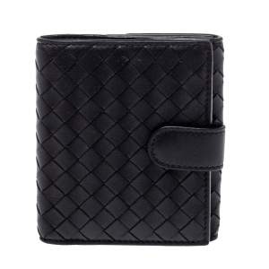 Pre Owned Bottega Veneta Black Intrecciato Leather French Wallet 