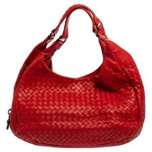 Pre Owned Bottega Veneta Red Leather Intrecciato Campana Hobo