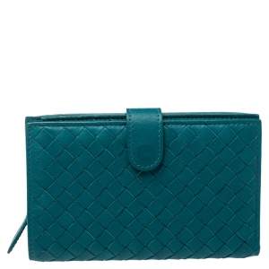 Pre Owned Bottega Veneta Green Intrecciato Leather French Wallet