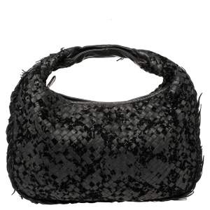 Pre Owned Bottega Veneta Black Intrecciato Leather and Velvet Medium Veneta Hobo