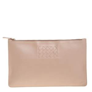 Pre Owned Bottega Veneta Pink Intrecciato Leather Zip Clutch