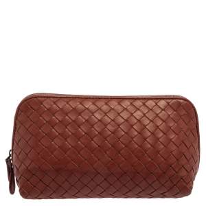 Pre Owned Bottega Veneta Brown Intrecciato Zip Clutch
