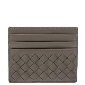 Pre Owned Bottega Veneta Beige Intrecciato Leather Card Holder