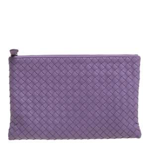 Pre Owned Bottega Veneta Lilac Intrecciato Leather Zip Pouch 