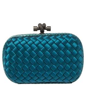 Pre Owned Bottega Veneta Blue Satin and Snakeskin Trim Knot Clutch