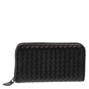Pre Owned Bottega Veneta Black Intrecciato Leather Zip Around Wallet