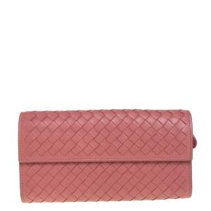 Pre Owned Bottega Veneta Old Rose Intrecciato Leather Continental Flap Wallet