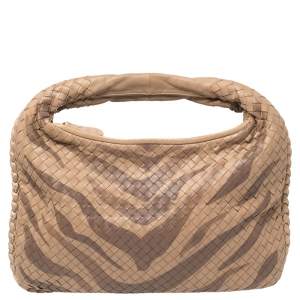 Pre Owned Bottega Veneta Beige Zebra Print Leather and Snakeskin Trim Veneta Hobo