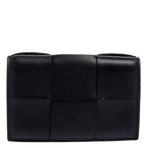 Pre Owned Bottega Veneta Black Maxi Intrecciato Leather Card Case