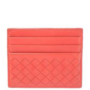 Pre Owned Bottega Veneta Red Intrecciato Leather Card Holder