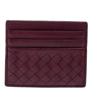 Pre Owned Bottega Veneta Dark Red Intrecciato Leather Card Holder
